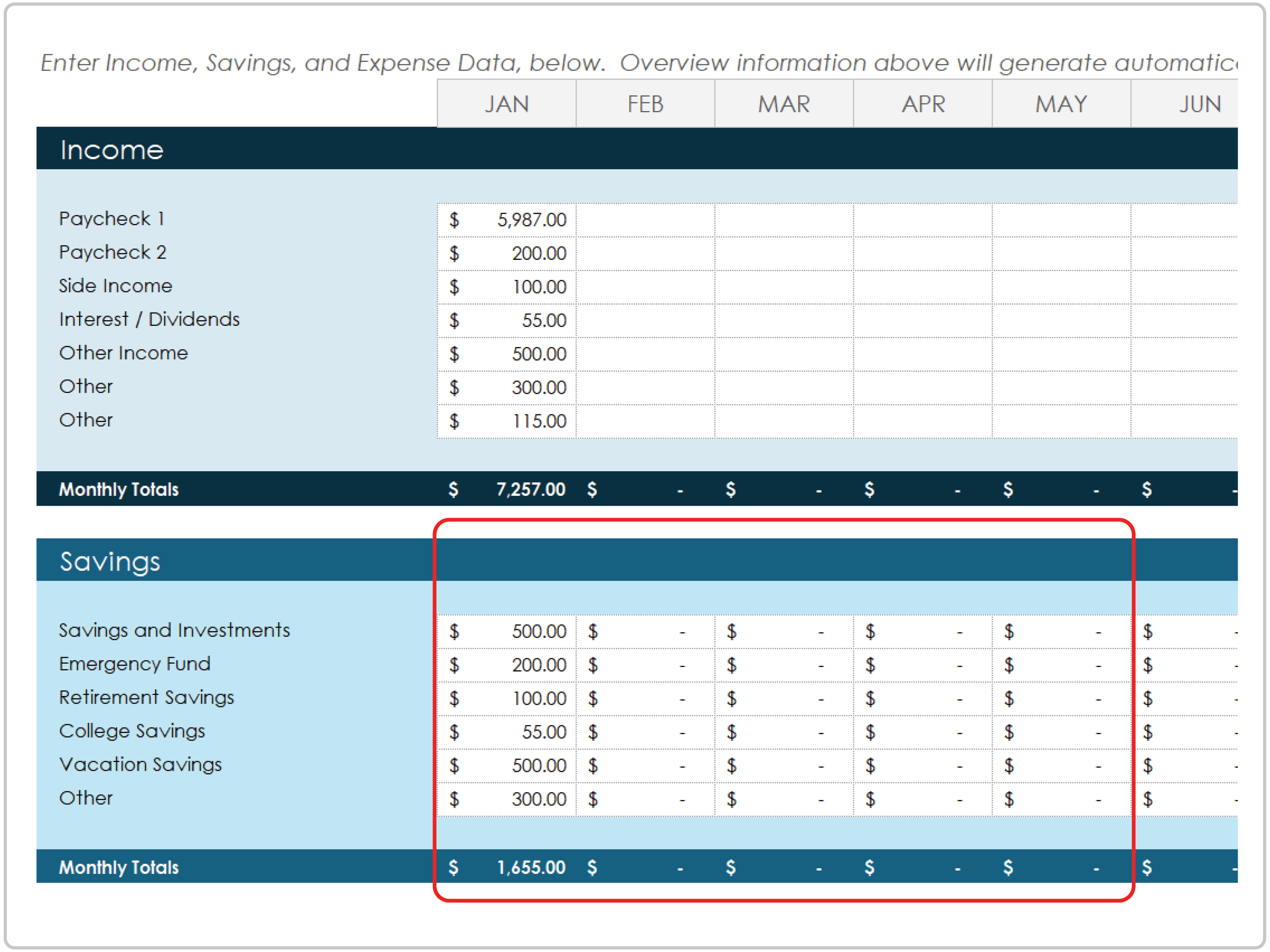 Modelo de orçamento pessoal Poupança mensal