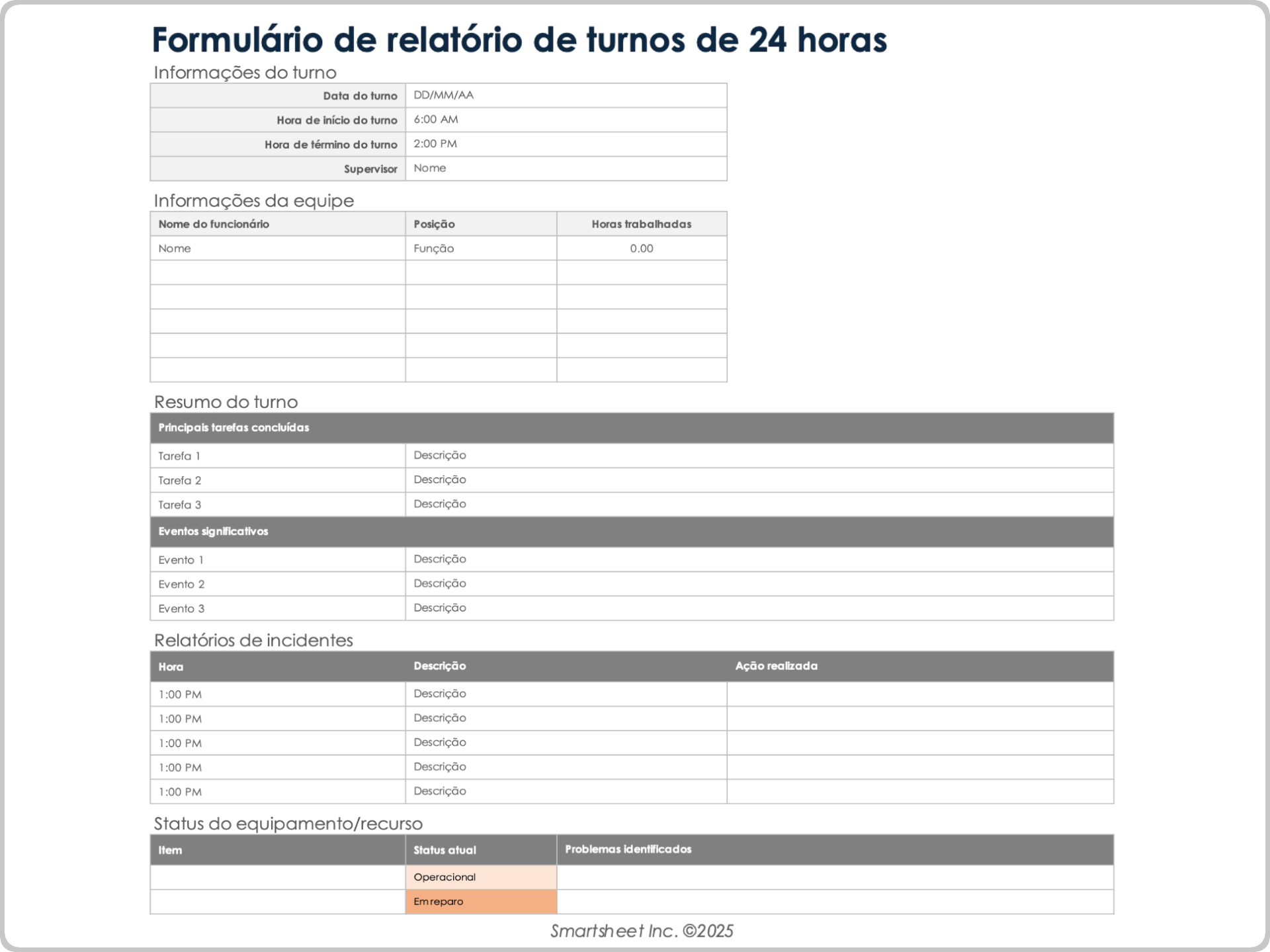 Formulário de relatório de turnos de 24 horas