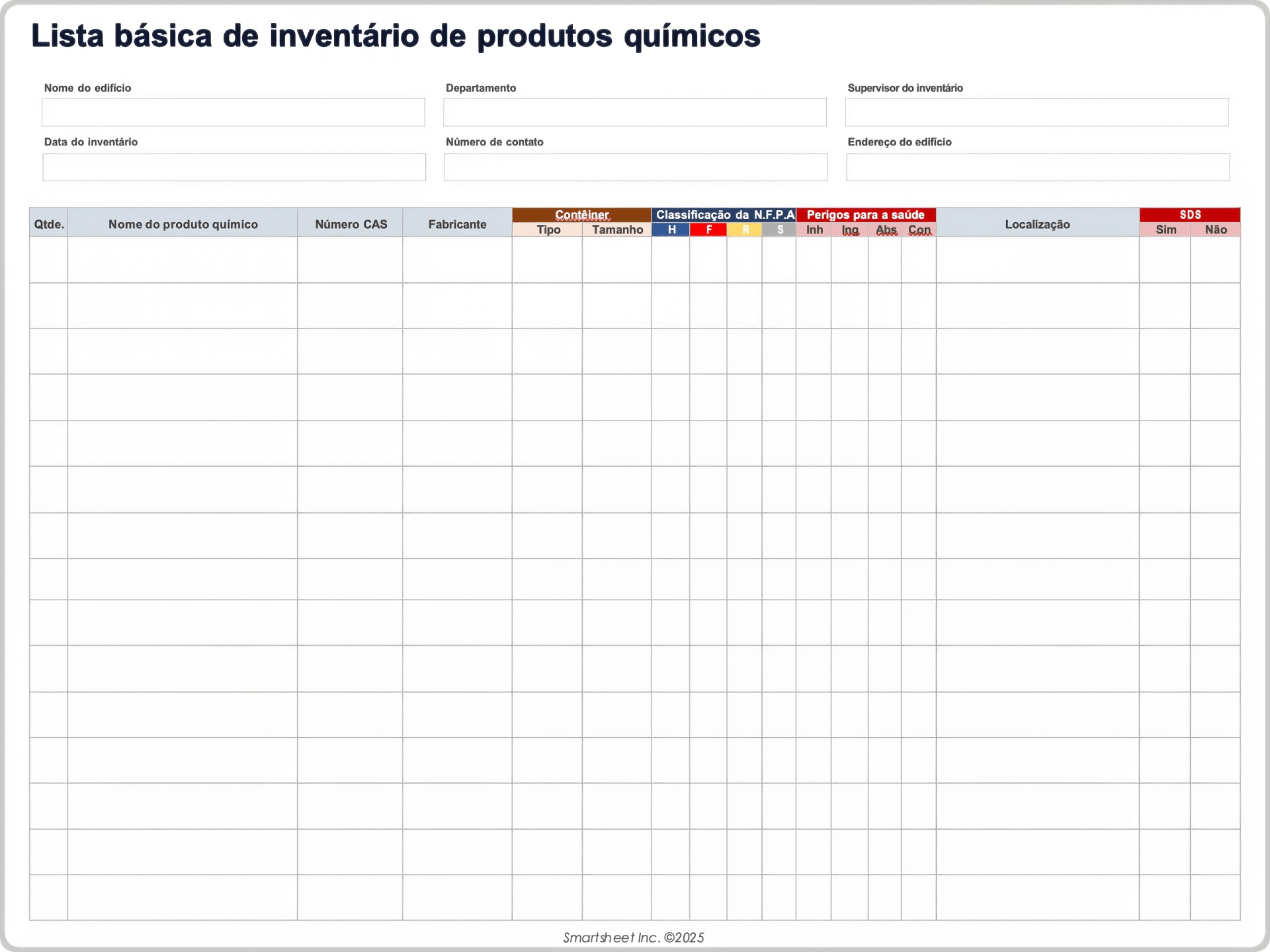 Modelo básico de lista de inventário de produtos químicos