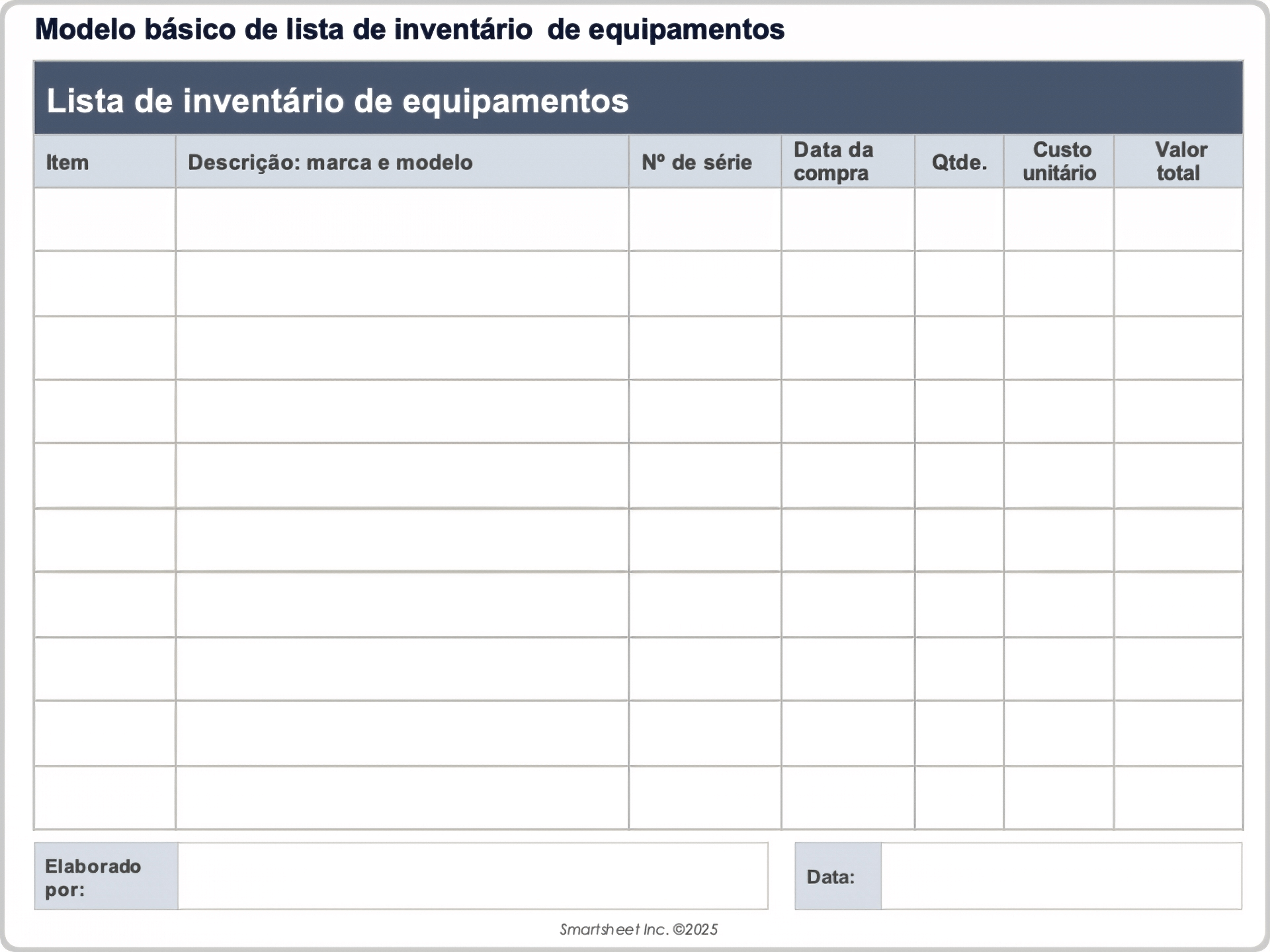 Modelo básico de lista de inventário de equipamentos