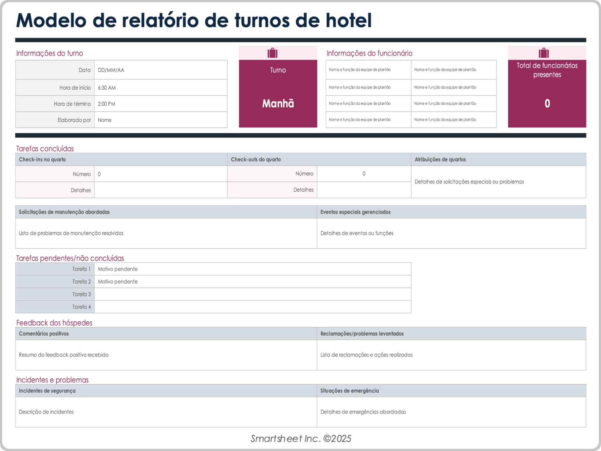 Modelo de relatório de turnos de hotel
