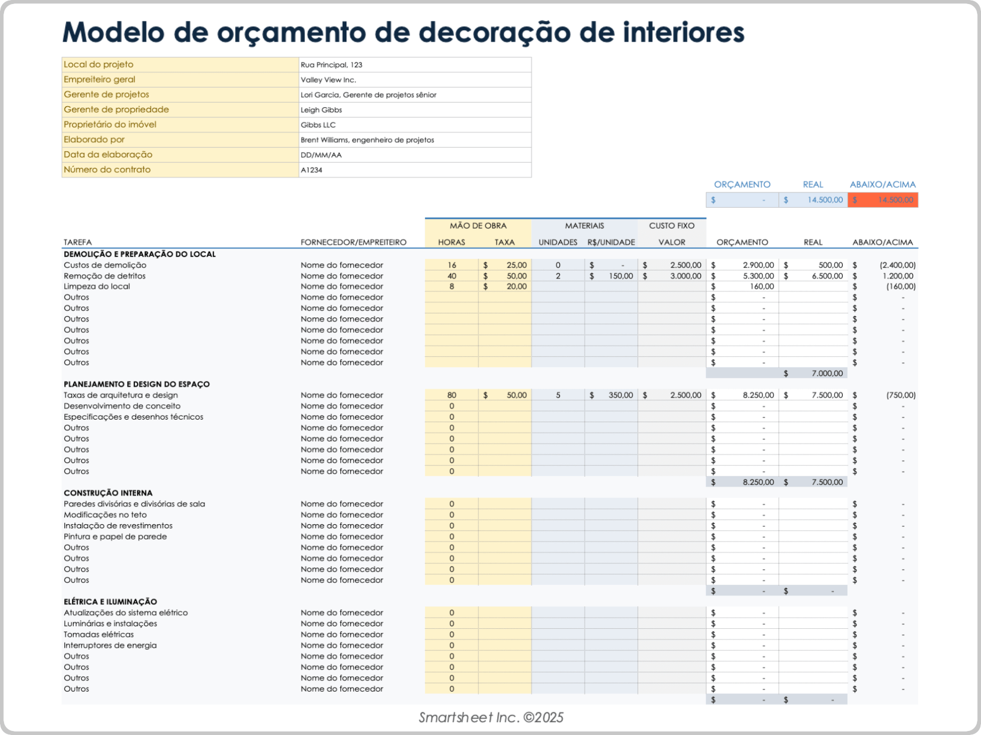 Modelo de orçamento de construção de decoração de interiores