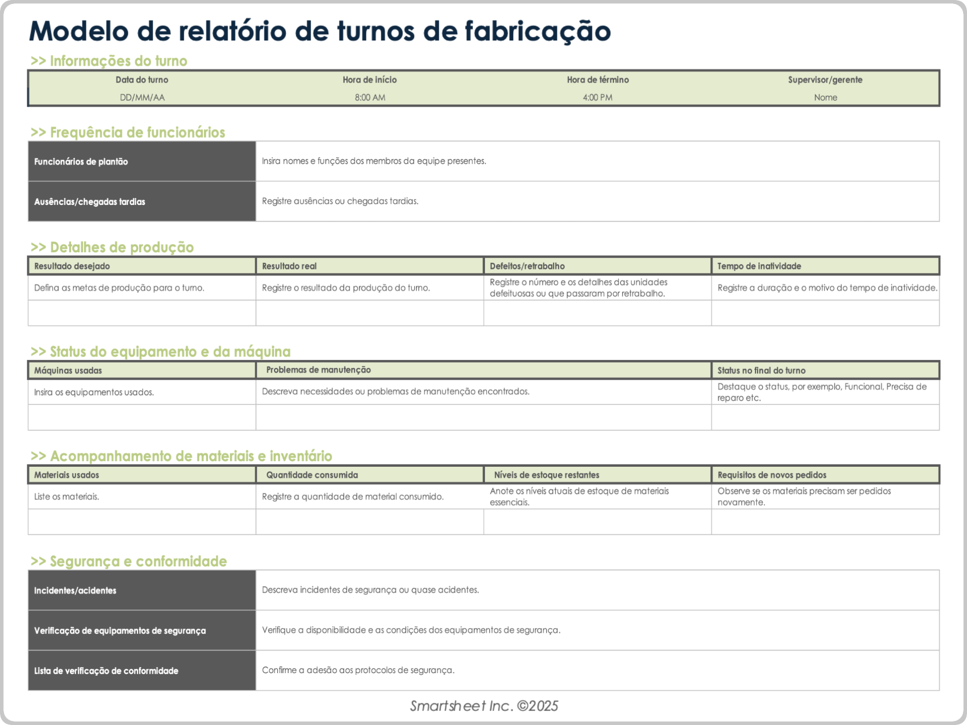 Modelo de relatório de turnos de fabricação