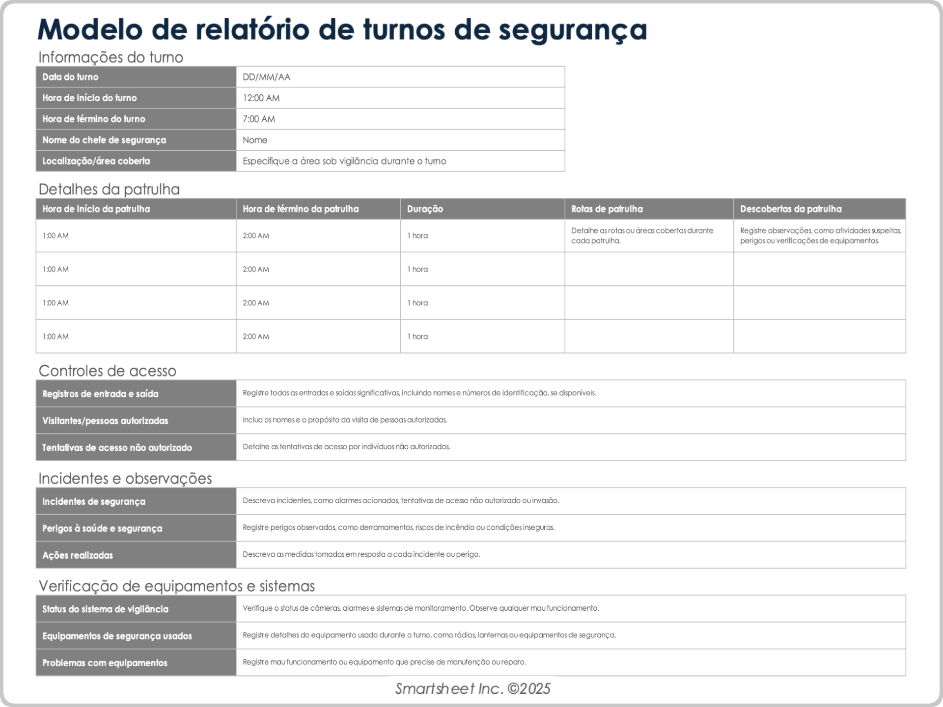 Modelo de relatório de turnos de segurança