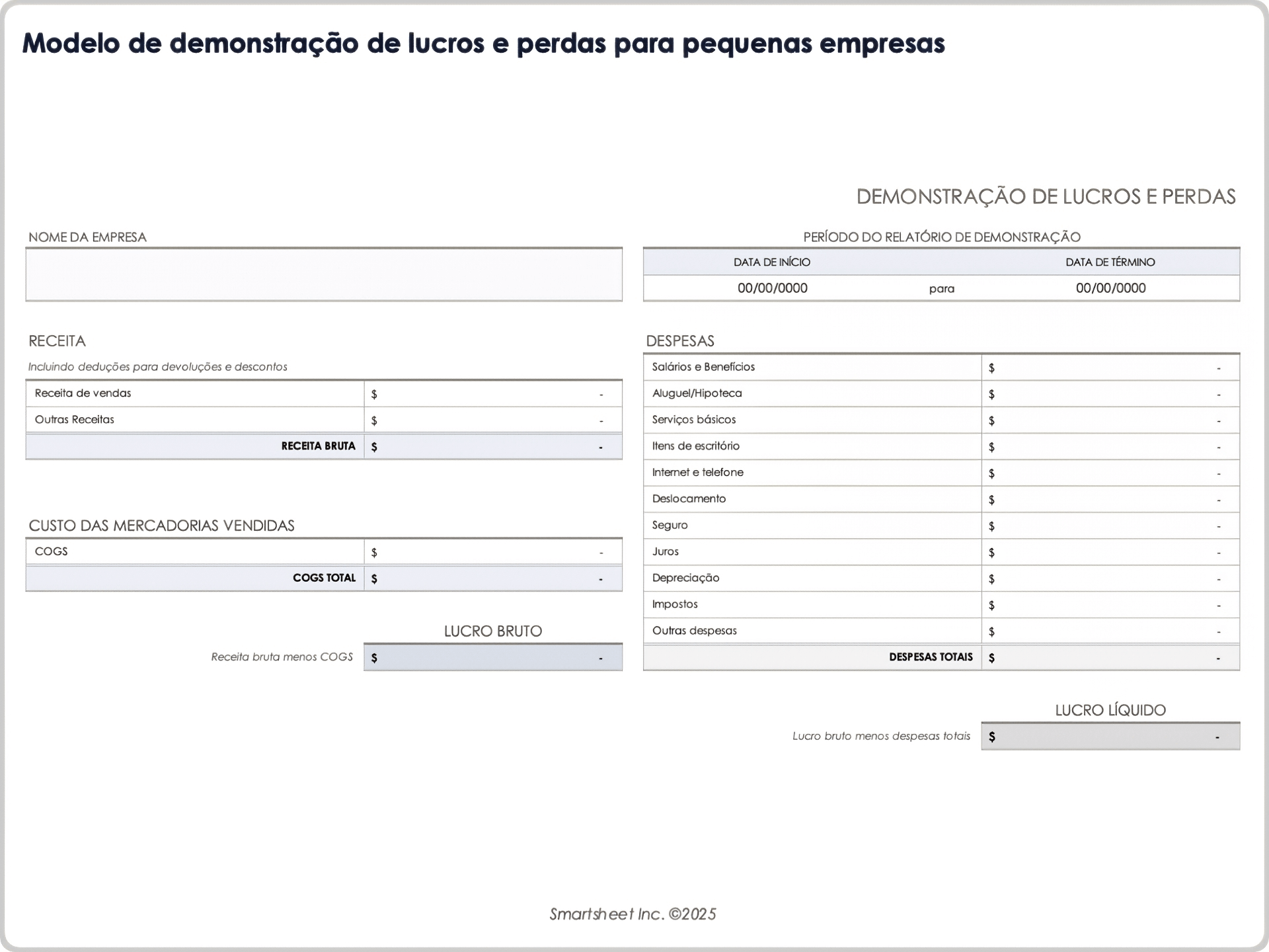 Modelo de lucros e perdas para pequenas empresas