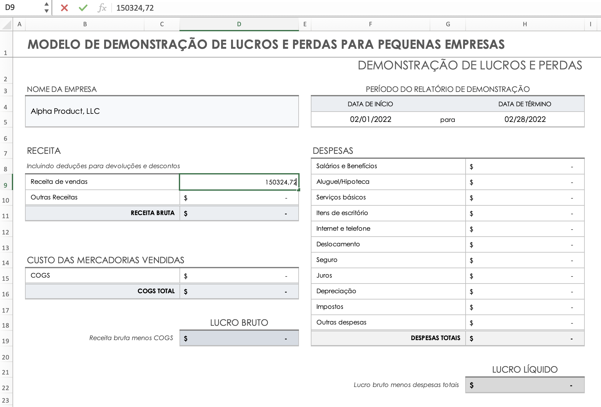 Inserir receita de vendas no Excel