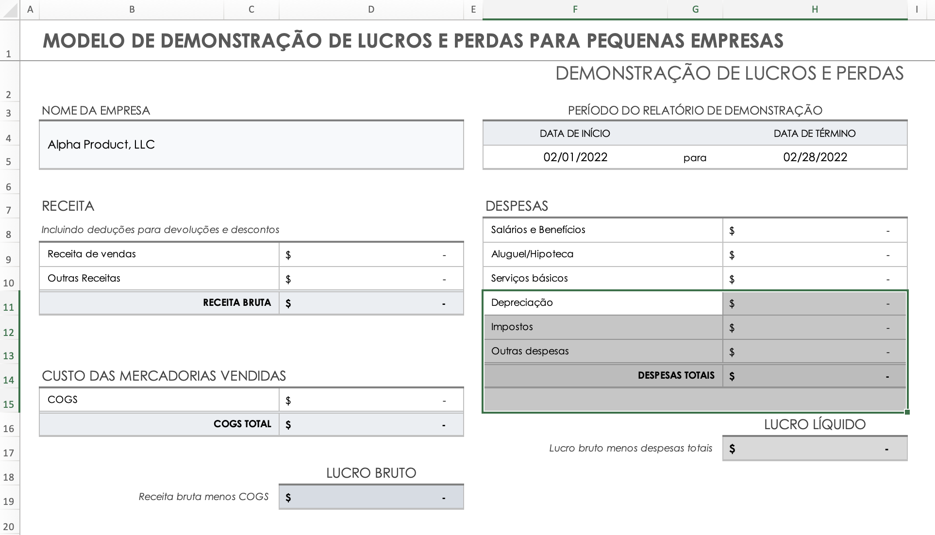 Deslocamento de células de despesas excluídas para cima