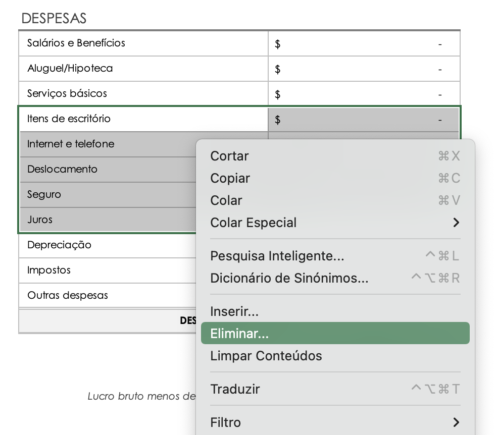 Menu suspenso de exclusão de linha de despesas