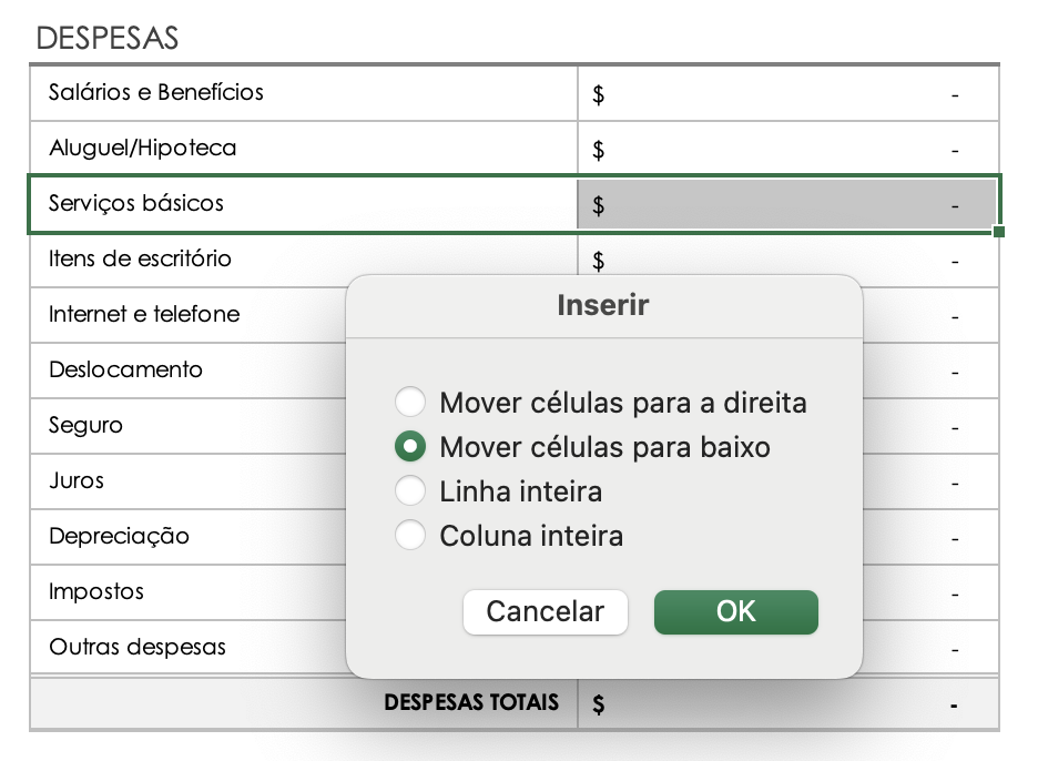 Deslocamento de células de despesas para baixo