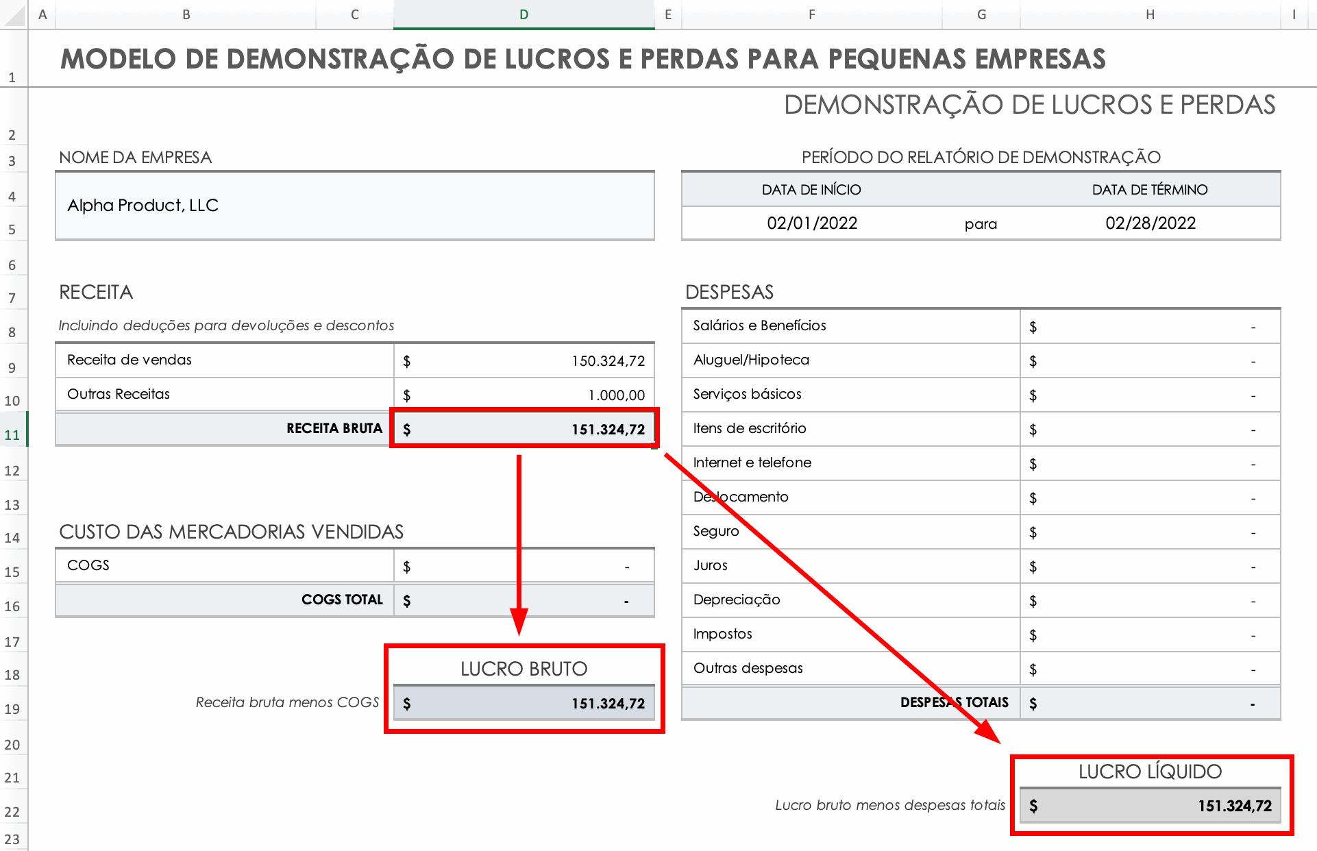 Cálculo da receita bruta nas células de totais