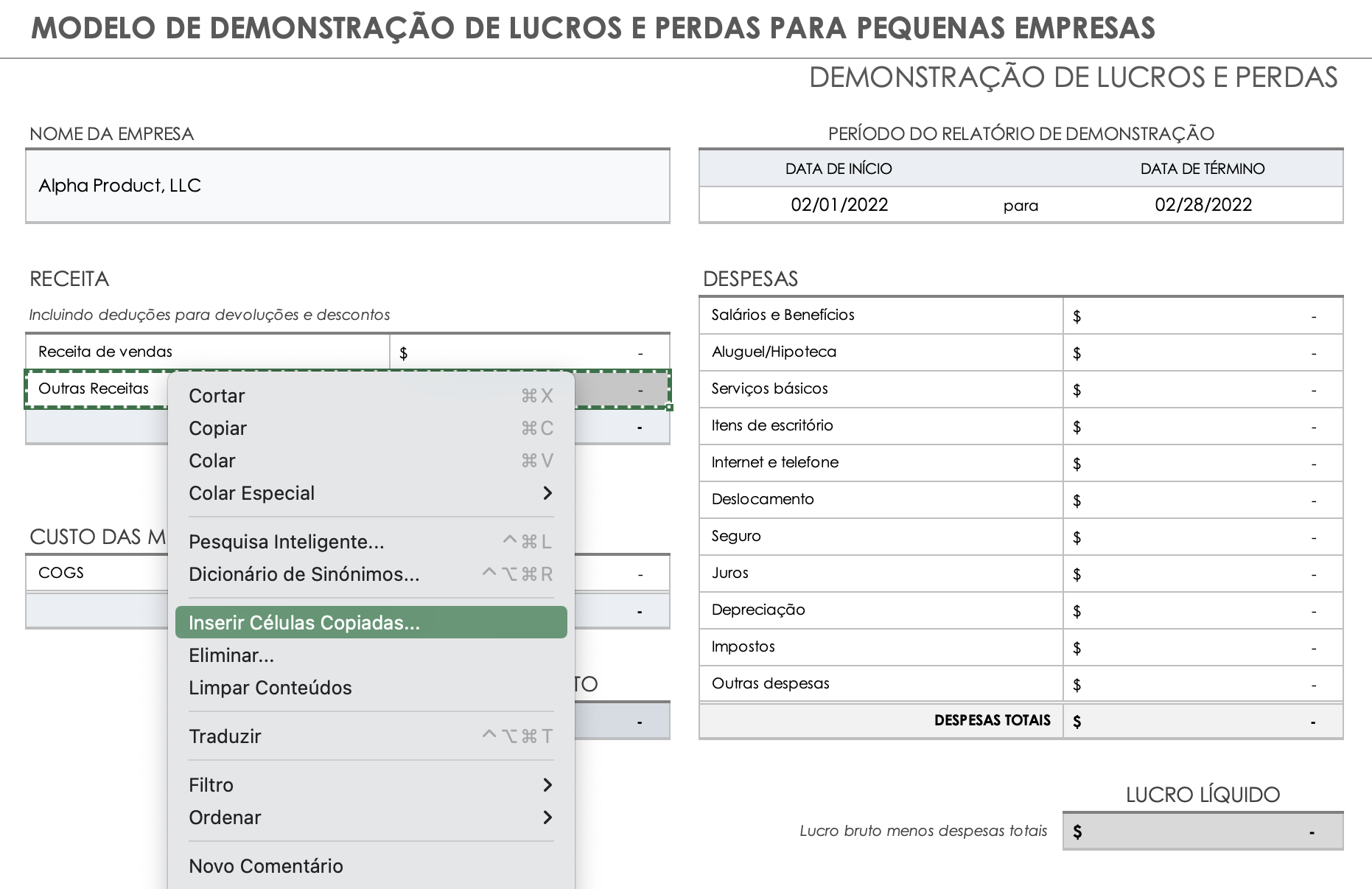 Células copiadas de inserção de receita