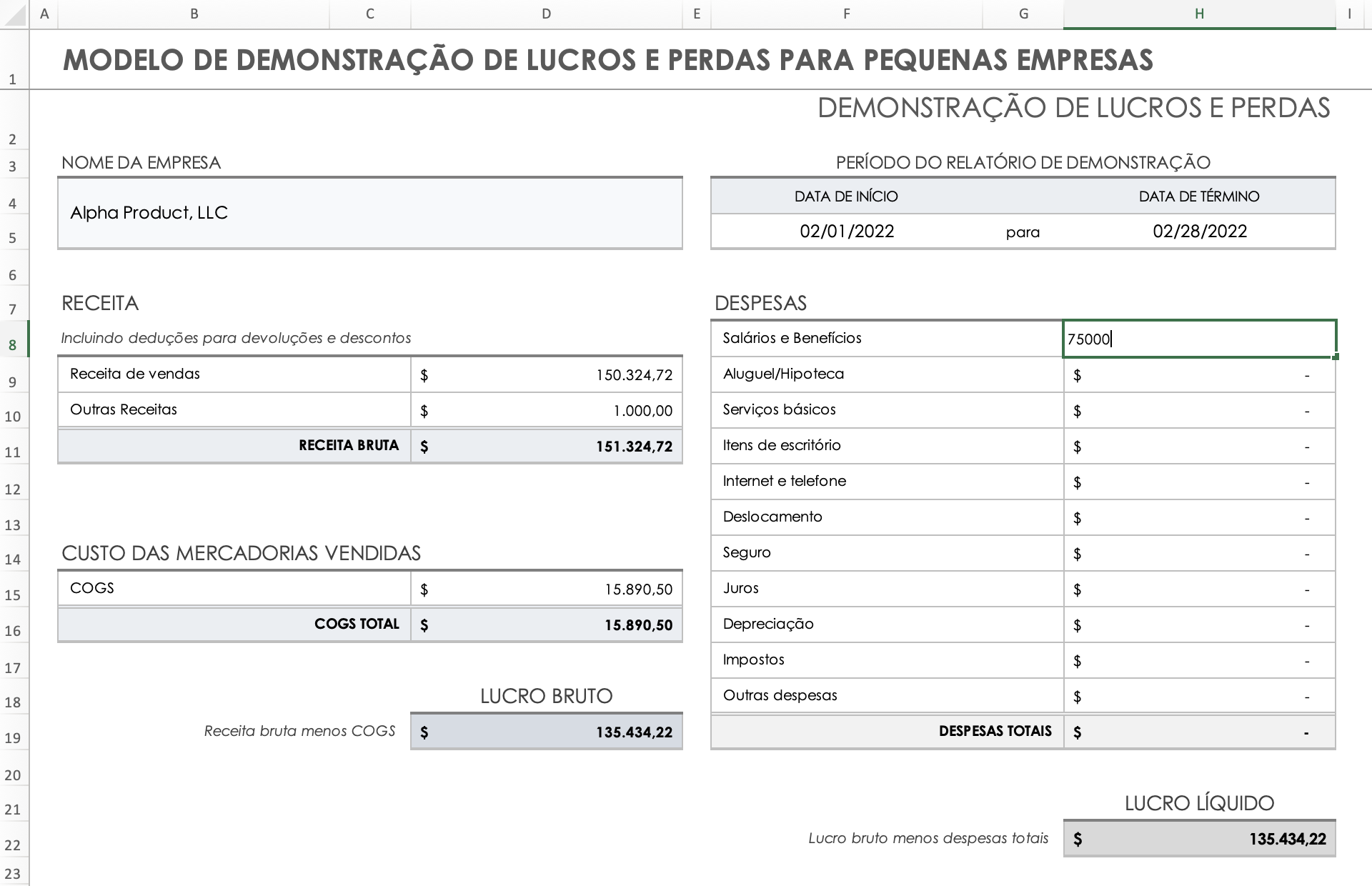 Célula de despesas de salários e benefícios