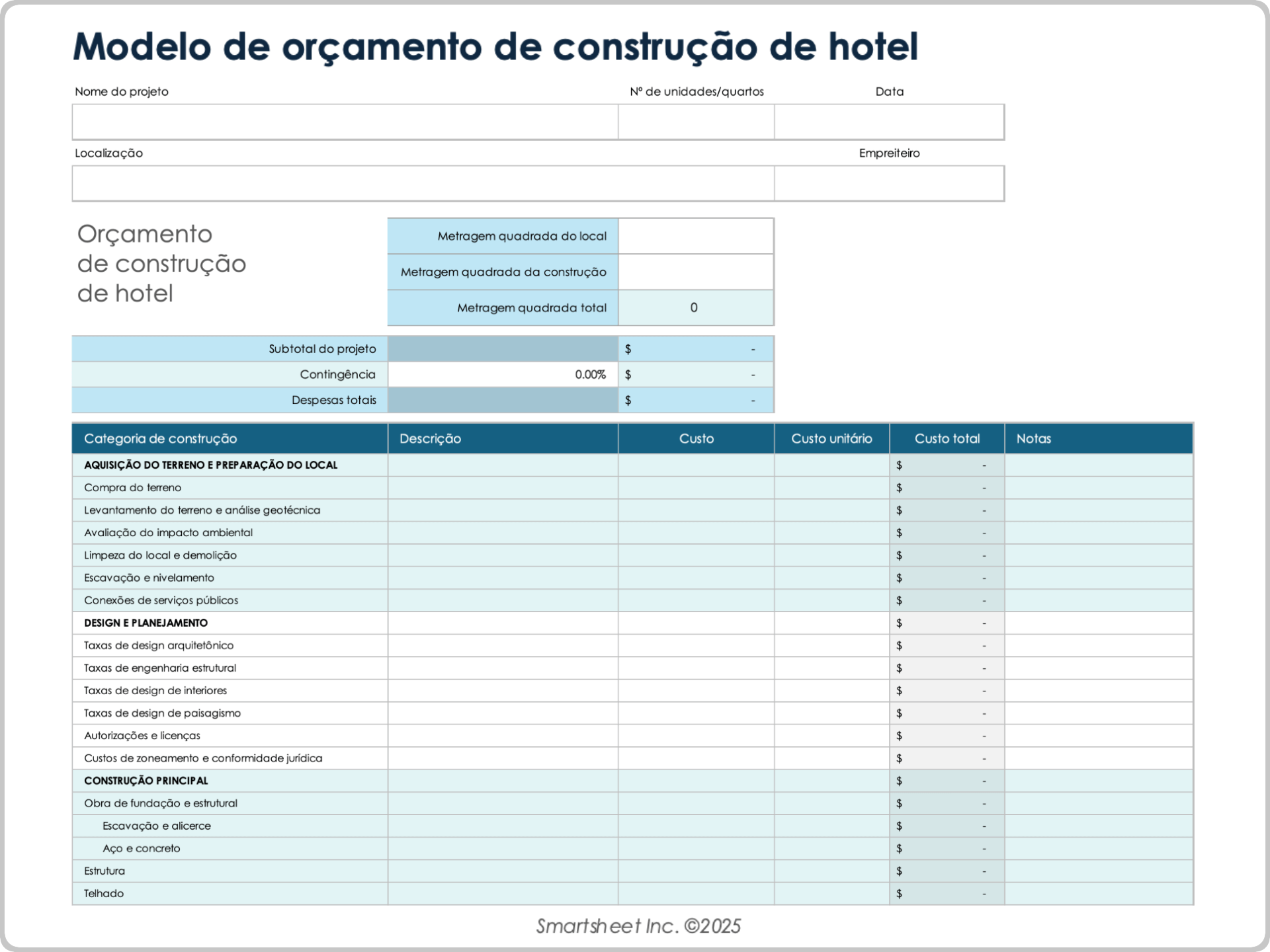 Modelo de orçamento de construção de hotel