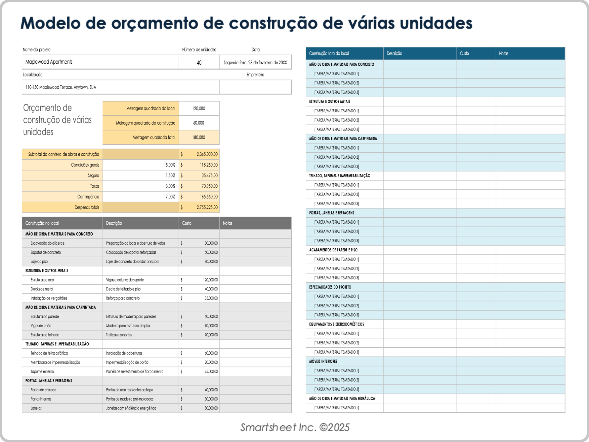 Exemplo de modelo de orçamento de construção de várias unidades