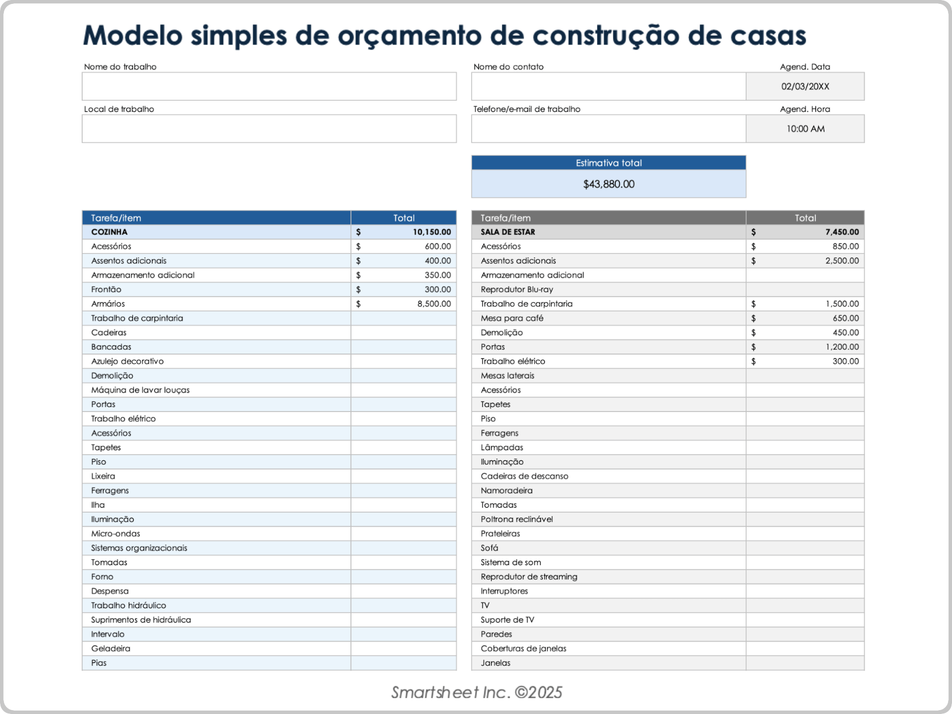 Modelo simples de orçamento de construção de casas