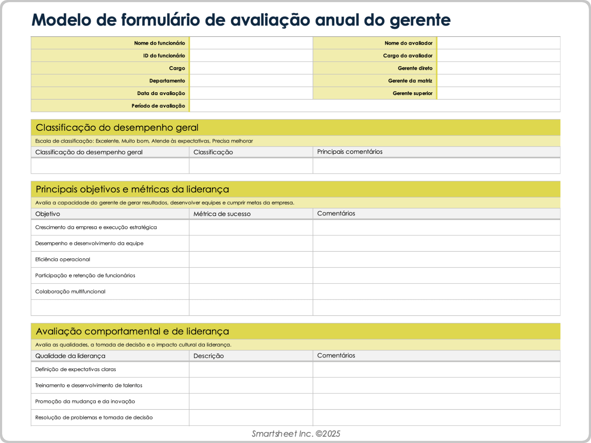 Modelo de Formulário de Avaliação Anual do Gerente