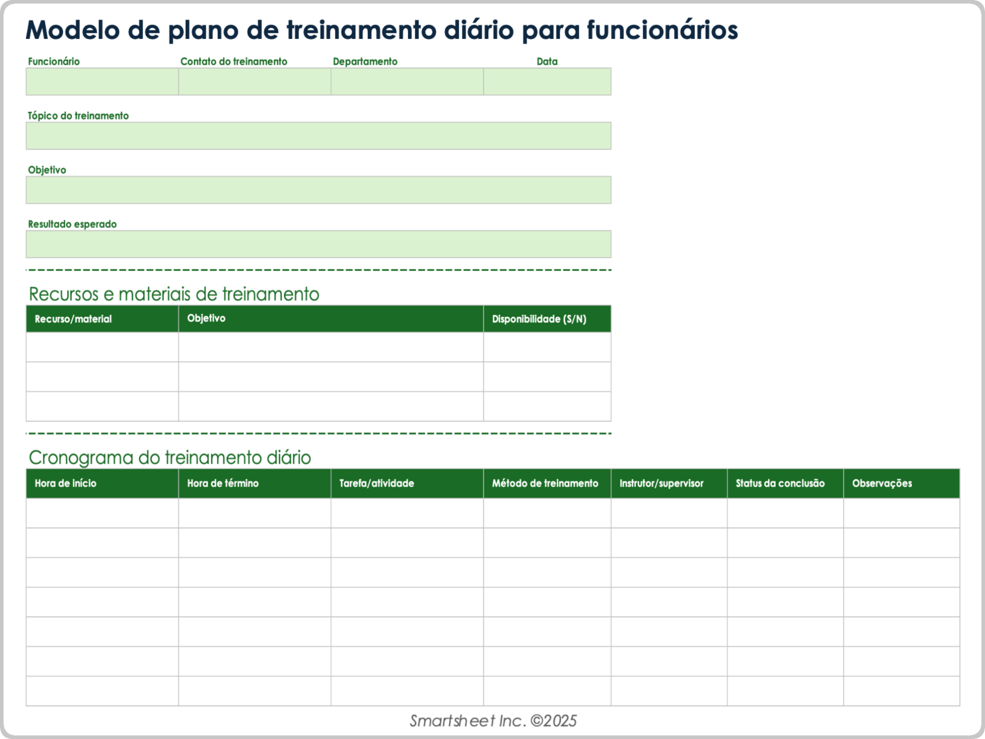 Modelo de plano de treinamento diário para funcionários