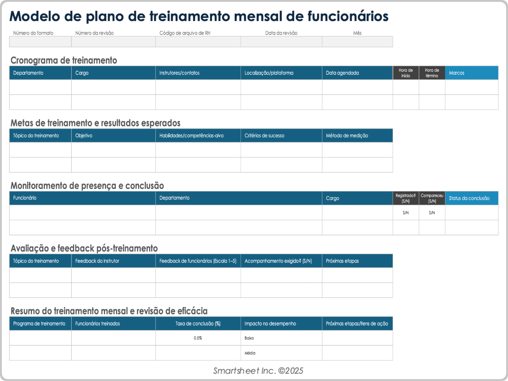 Modelo de plano de treinamento mensal de funcionários