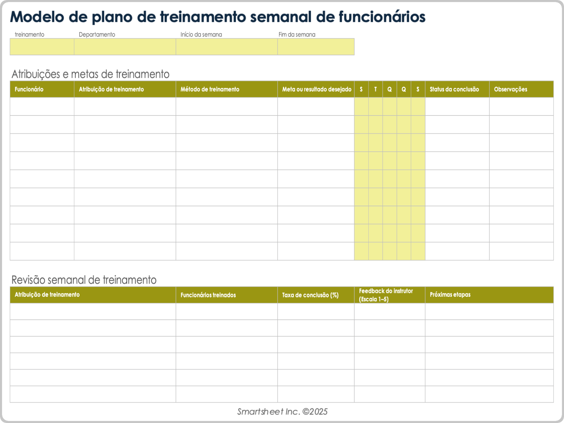Modelo de plano de treinamento semanal de funcionários