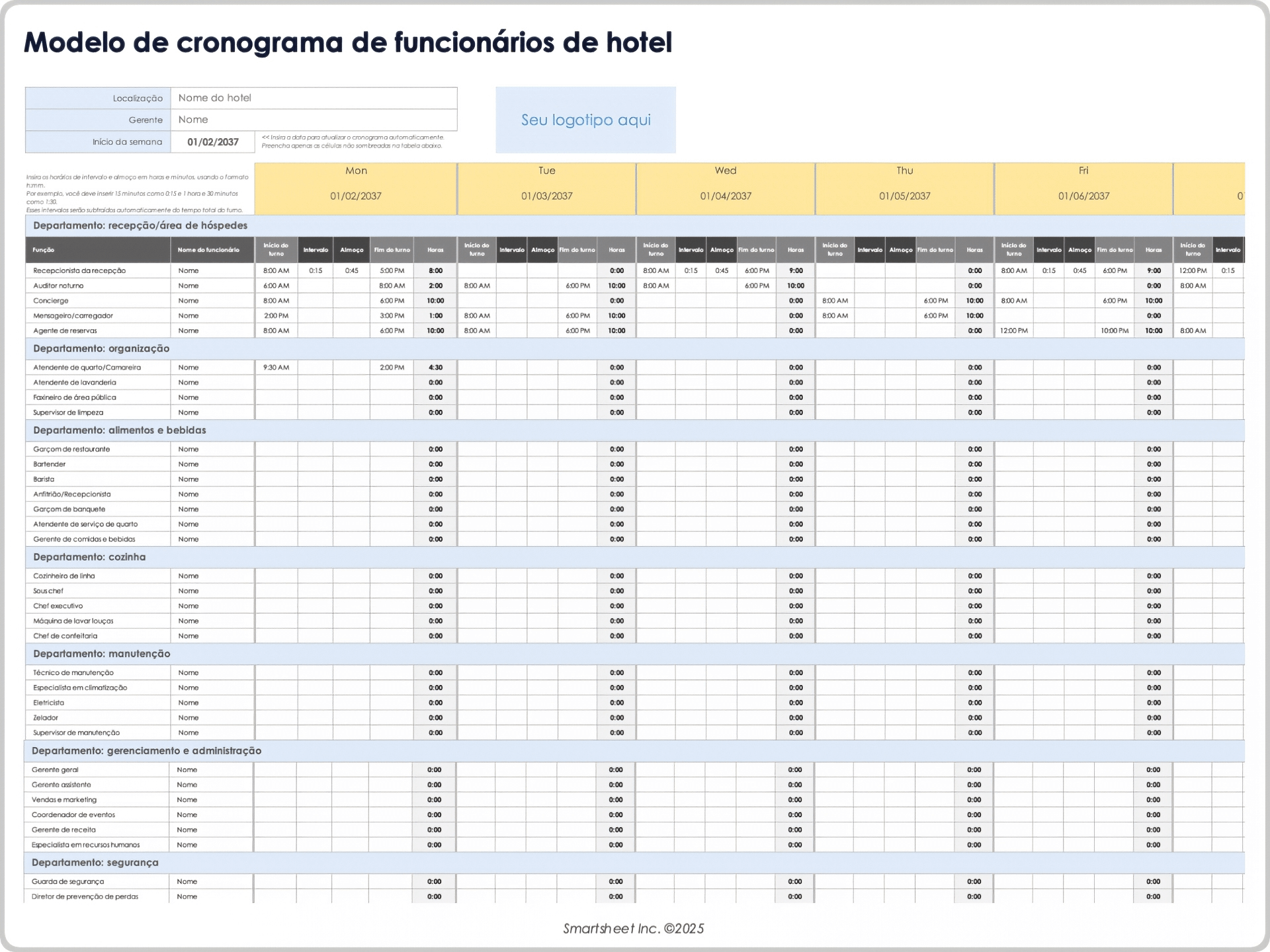 Modelo de cronograma de funcionários do hotel