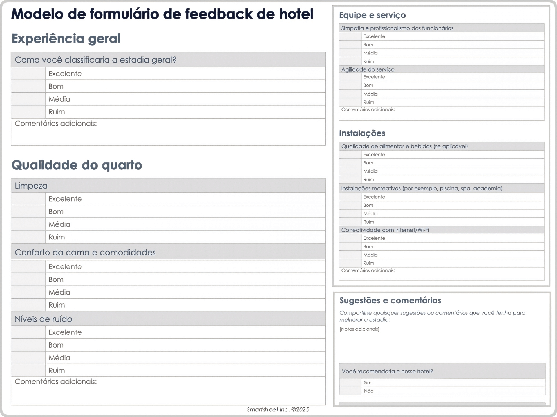 Modelo de formulário de feedback do hotel