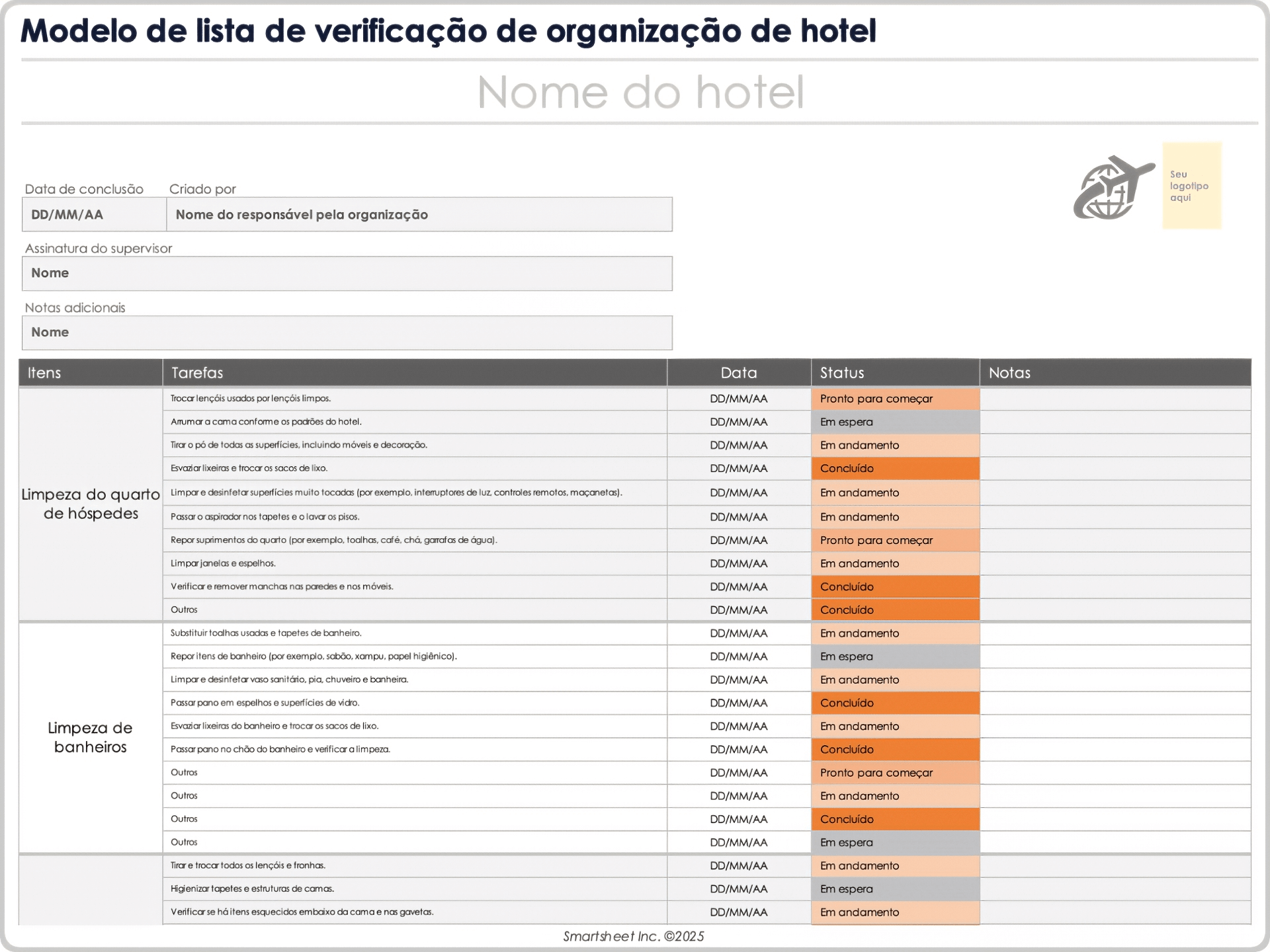 Modelo de lista de verificação de limpeza de hotel