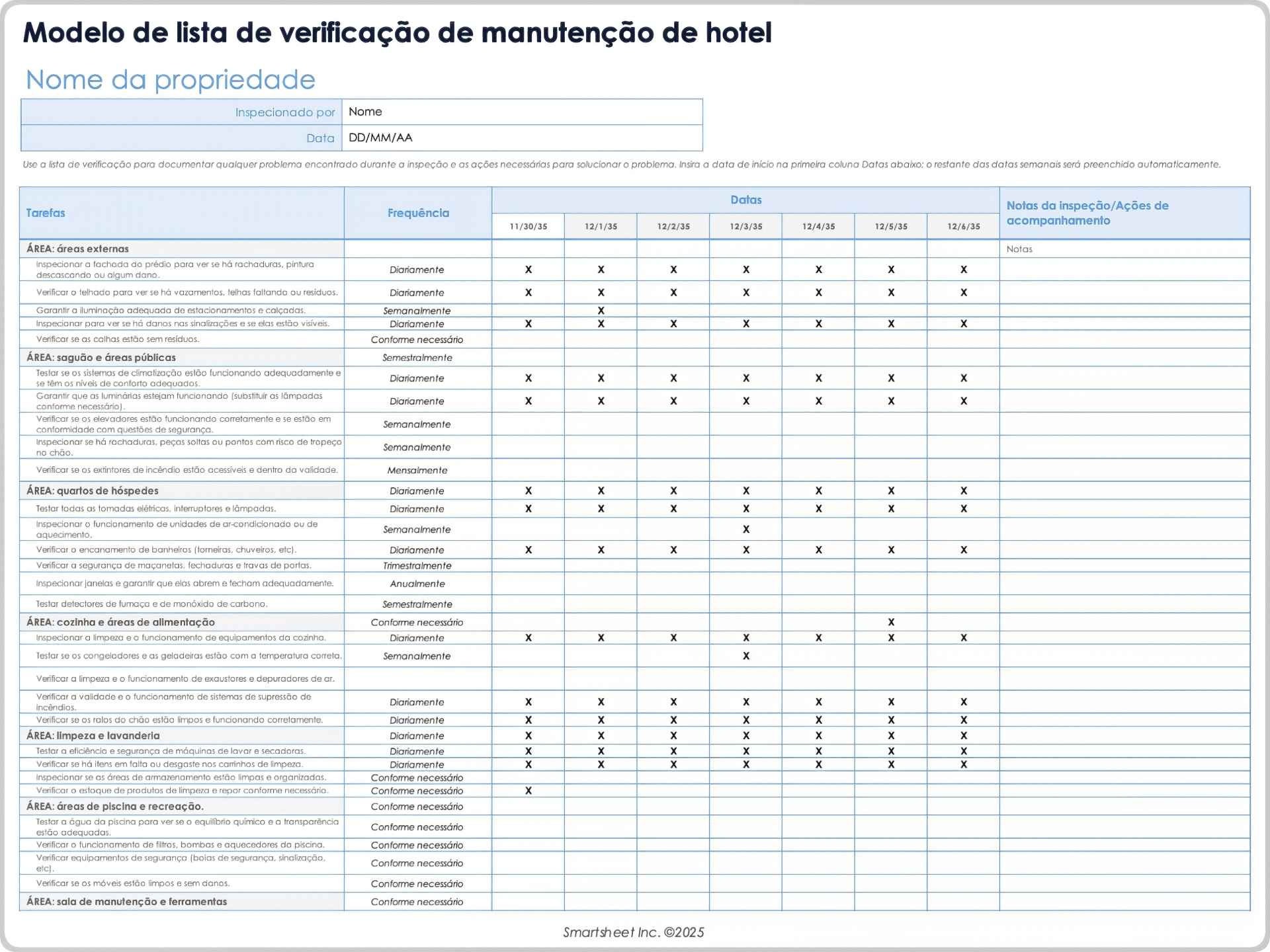 Modelo de lista de verificação de manutenção do hotel
