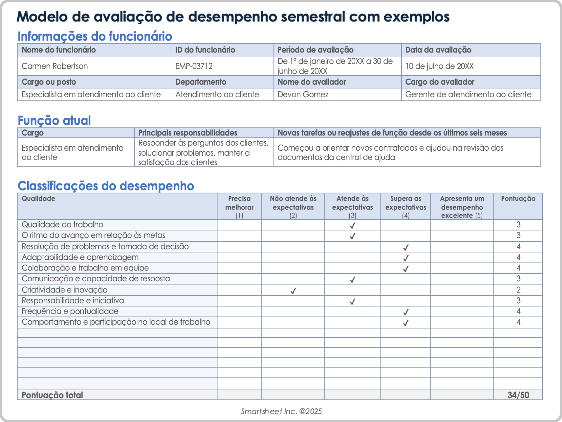 Exemplo de modelo de avaliação de desempenho semestral