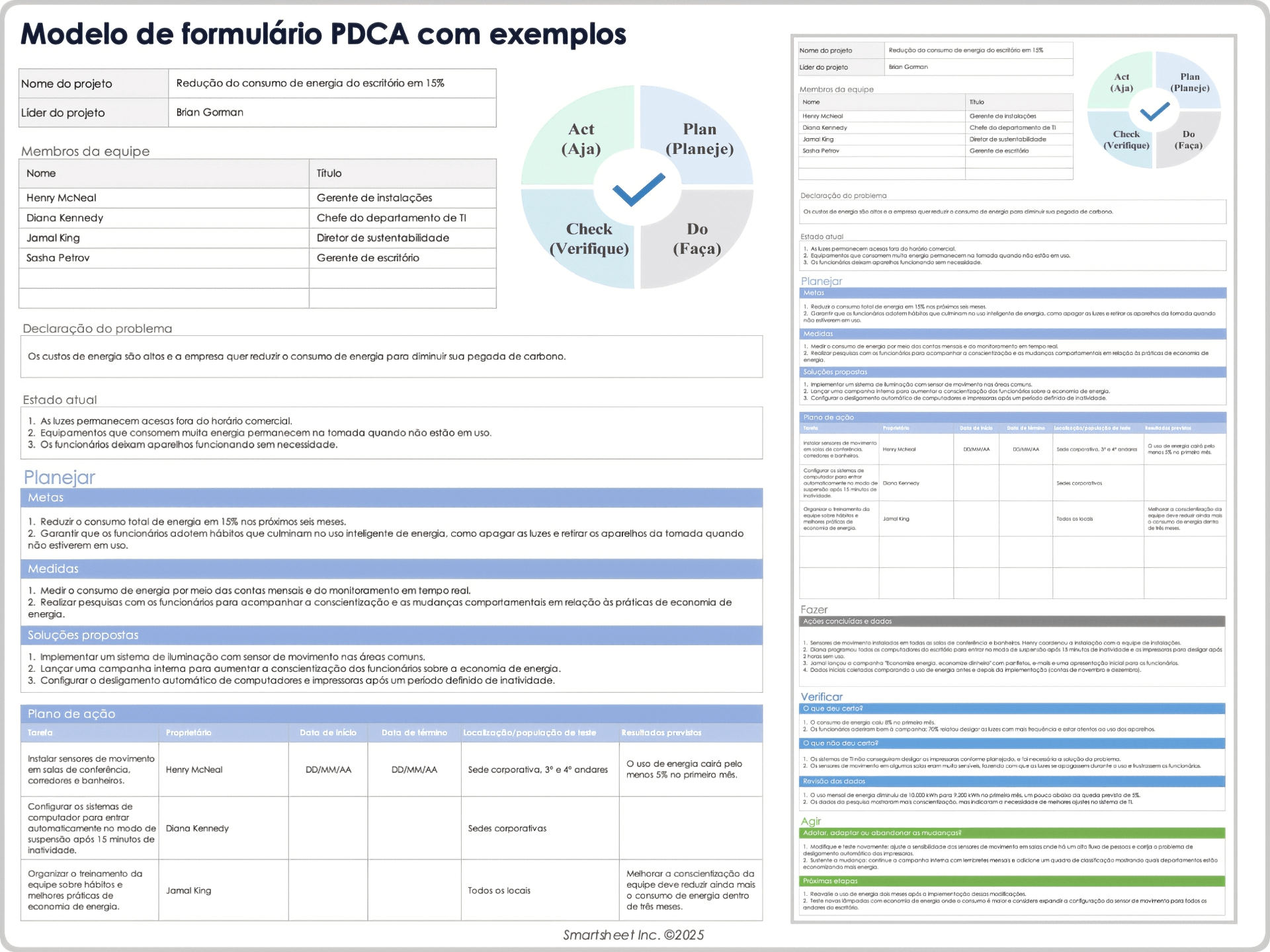 Exemplo de modelo de formulário PDCA