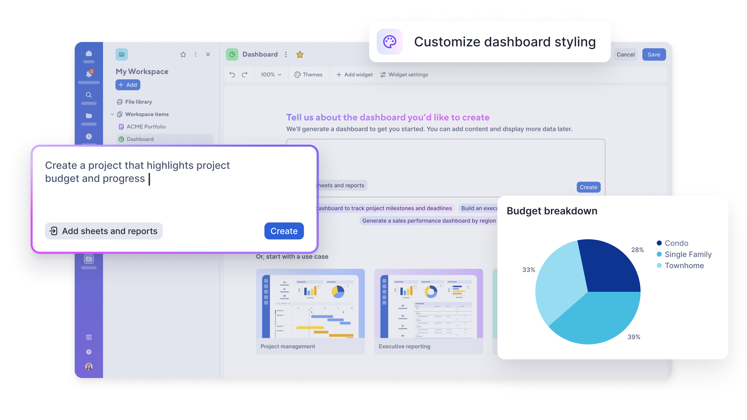 Dashboard builder product screen