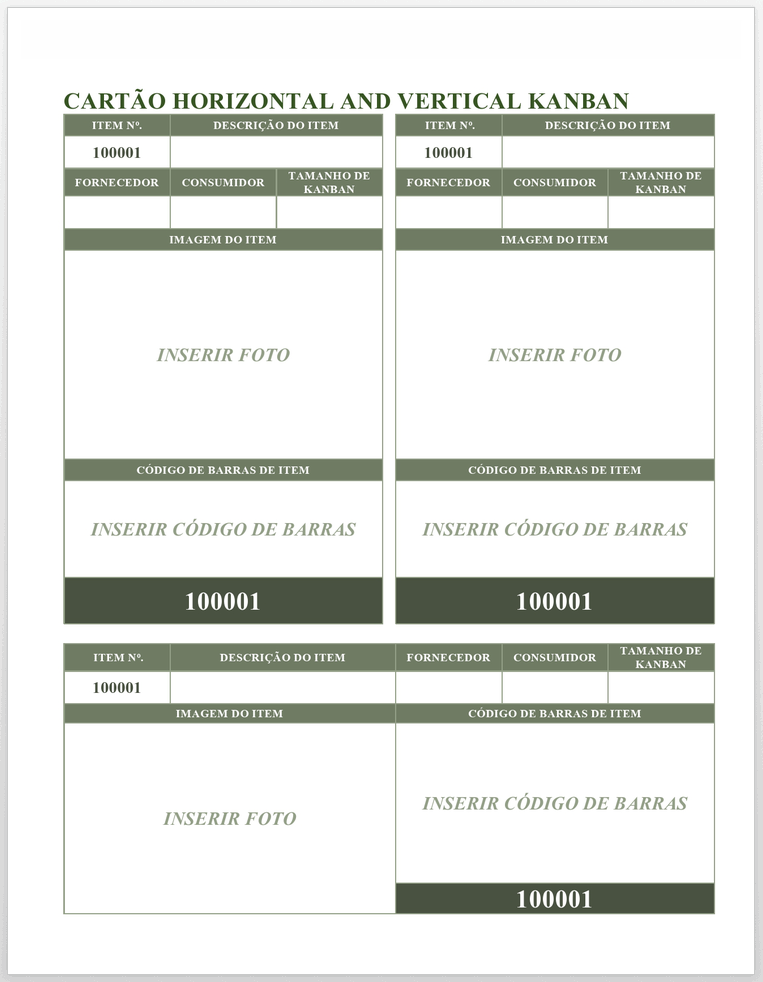 Cartão Kanban horizontal e vertical