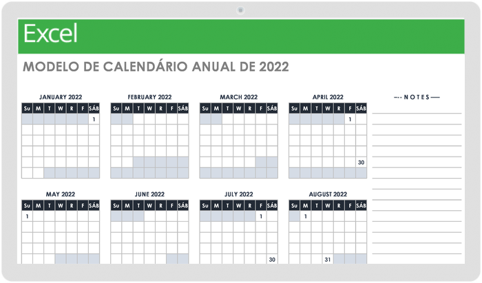  Modelo de calendário de 12 meses para 2022