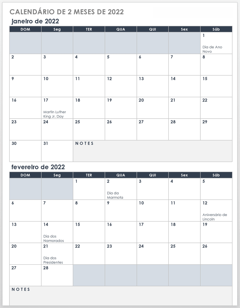 Modelo de calendário de 2022-2 meses