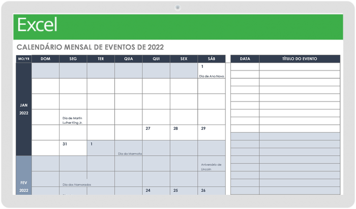  Modelo de Calendário de Eventos Mensal de 2022