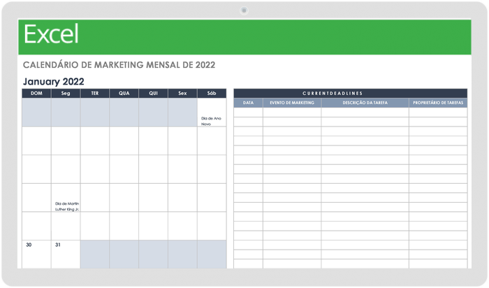  Modelo de Calendário de Marketing Mensal 2022