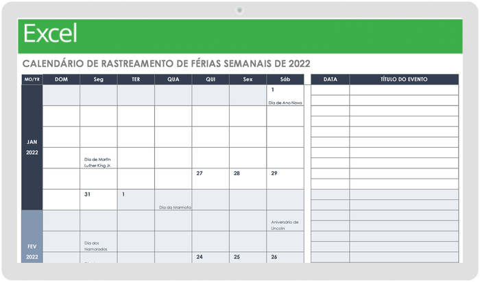 Calendário semanal de rastreamento de férias de 2022