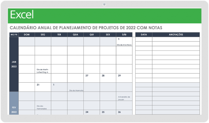 Calendário Anual de Planejamento de Projetos 2022 com Modelo de Notas