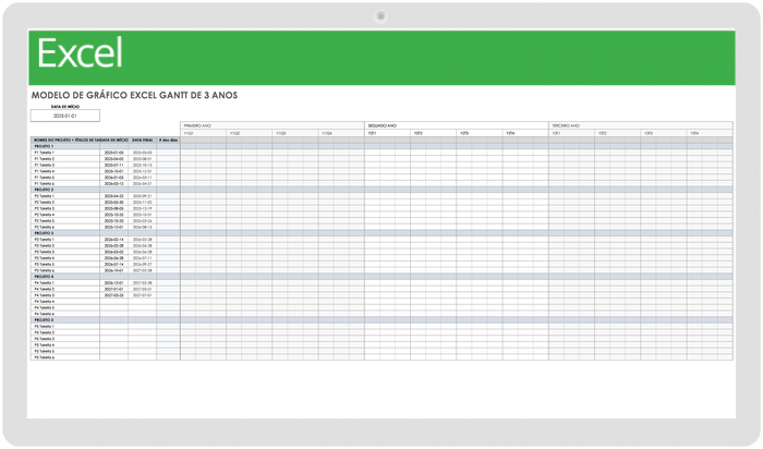  Modelo de gráfico de Gantt do Excel de 3 anos
