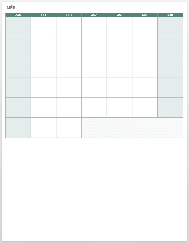 Modelo de calendário mensal em branco