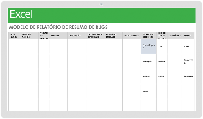Modelo de Relatório de Resumo de Bug