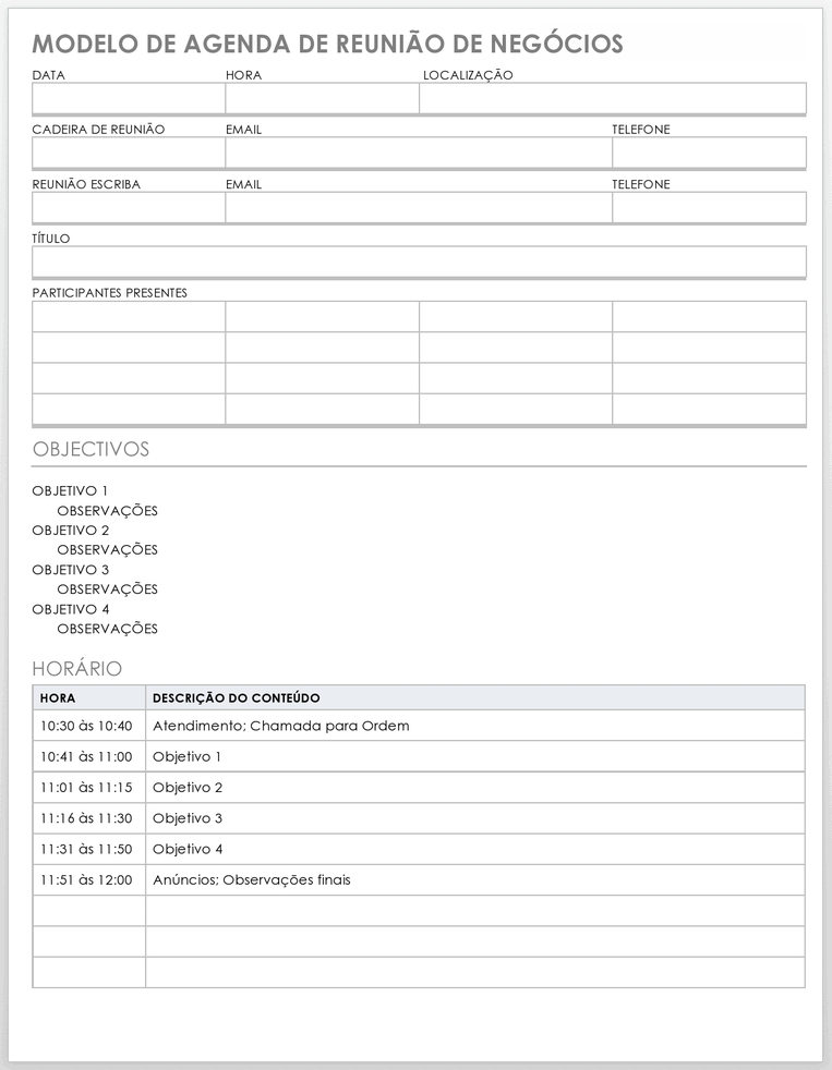 Modelo de Agenda de Reunião de Negócios