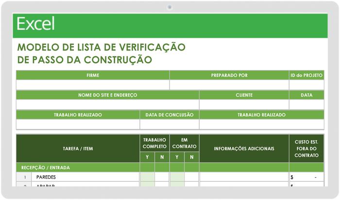 Modelo de lista de verificação de passo a passo de construção comercial