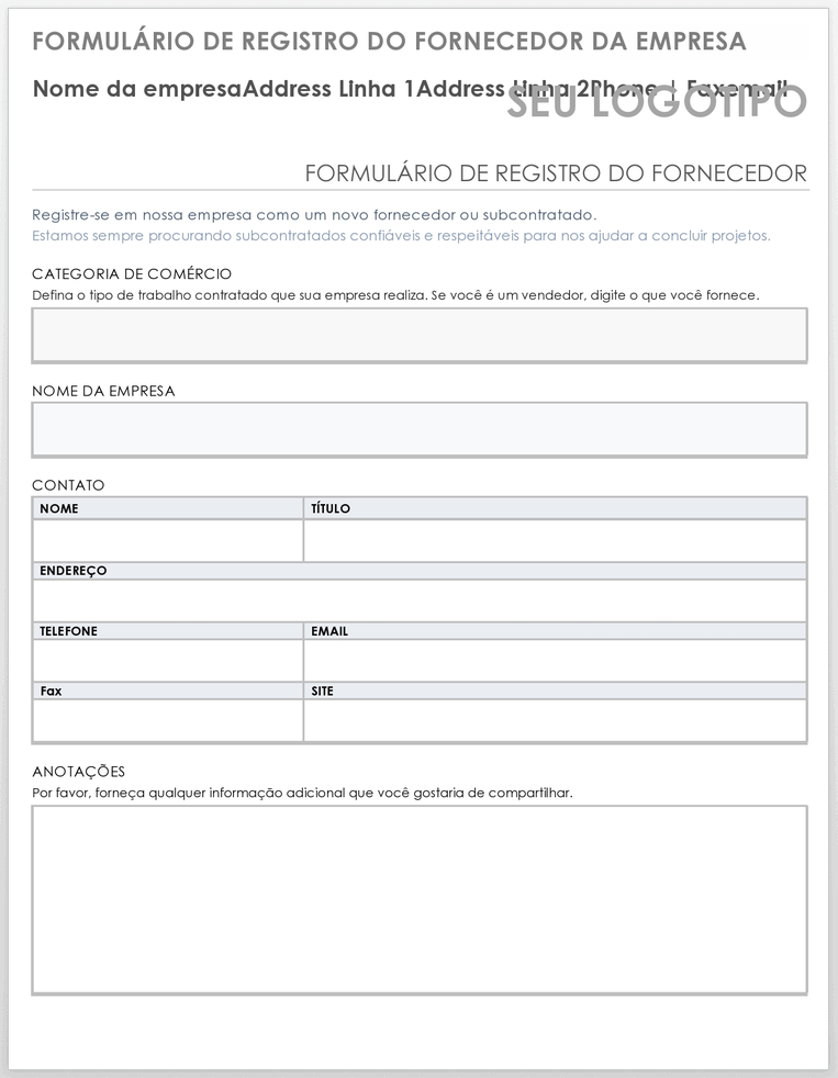 Modelo de formulário de registro de fornecedor de empresa