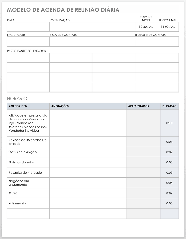 Modelo de Agenda de Reunião Diária