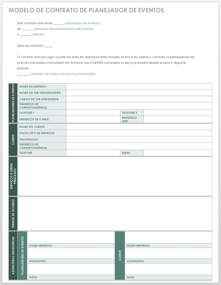 Modelo de contrato de planejamento de evento de planejamento de evento