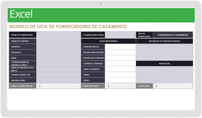 Modelo de Lista de Fornecedores de Planejamento de Eventos