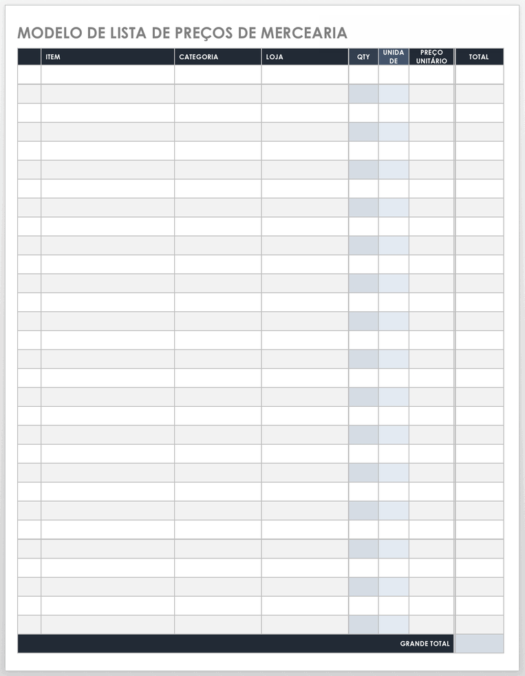 Modelo de Lista de Preços de Mercearia