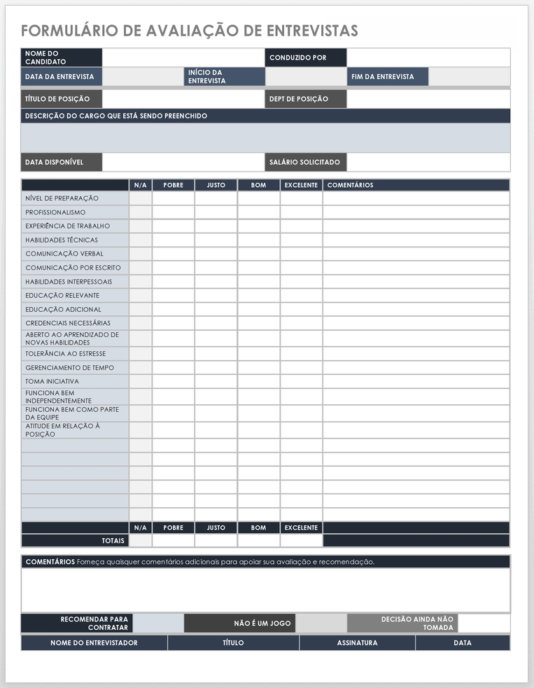 Modelos e scorecards gratuitos de entrevista