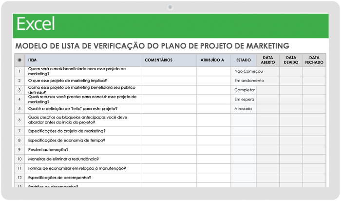 Lista de verificação do plano de projeto de marketing