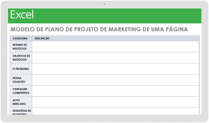 Plano de projeto de marketing de uma página